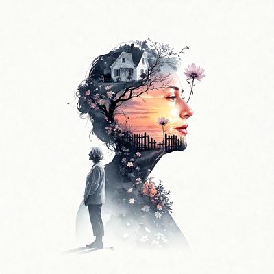 The primary subject of the image is a woman's head, which is the main focus of the scene. The setting is a house, and the visual style is a combination of photo and digital art. The colors and mood of the image are warm and inviting, with the woman's face surrounded by flowers and a sunset in the background.